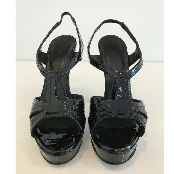 YVES SAINT LAURENT BLACK PATENT TRIBUTE PLATFORM SANDALS SIZE IT 37.5 / US 7.5 - Picture 6 of 13